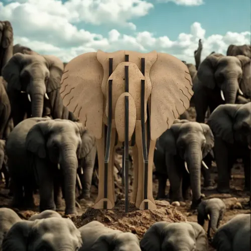 Wooden elephant puzzle among a bunch of real elephants