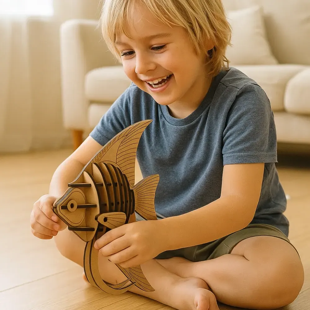 kid playing with wooden fish puzzle