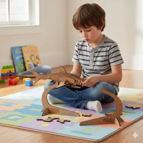 kid trying to assemble 3d shark puzzle